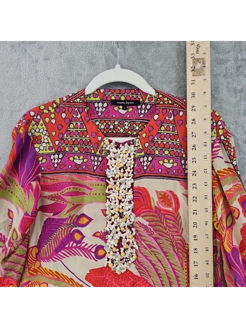 Nanette Lepore Dress Womens 0 Multicolor V Neck 3/4 Sleeve Shift Beaded Silk - Picture 10 of 12